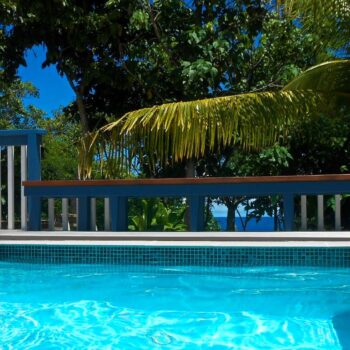 Close-up view of the outdoor swimming pool overlooking the ocean.