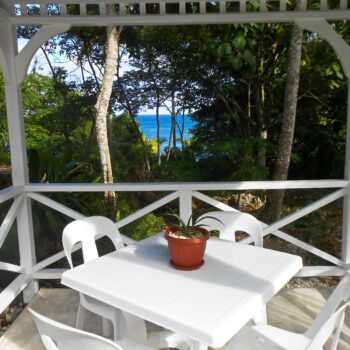 Outdoor dining table and chairs under a white gazebo with an ocean view through tropical trees.